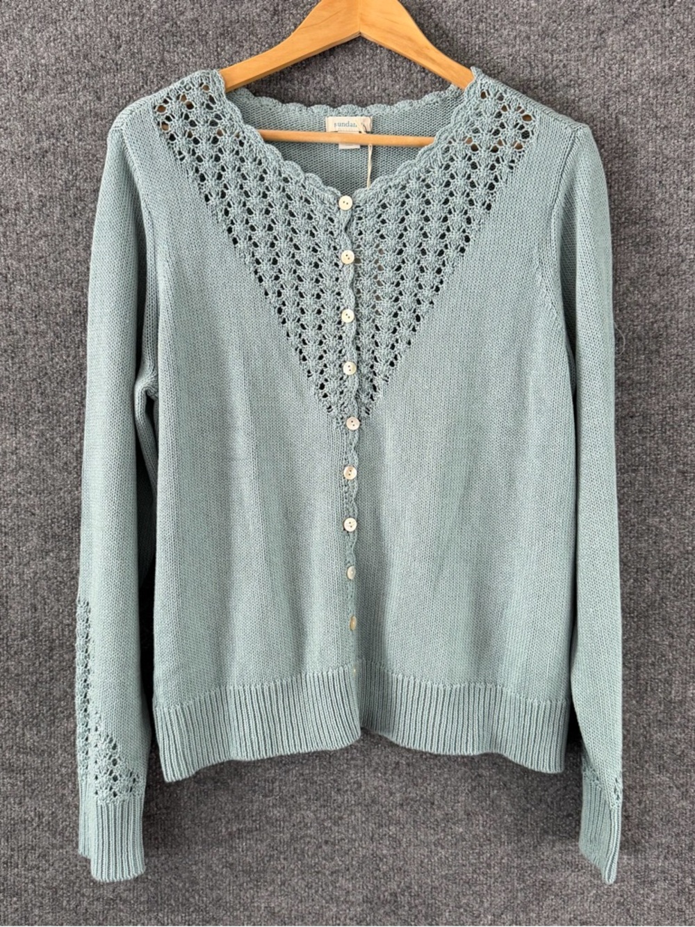 Sundance Womens Dover Pointelle Knit Cardigan Button Sweater Size XL Blue Green - Picture 2 of 9